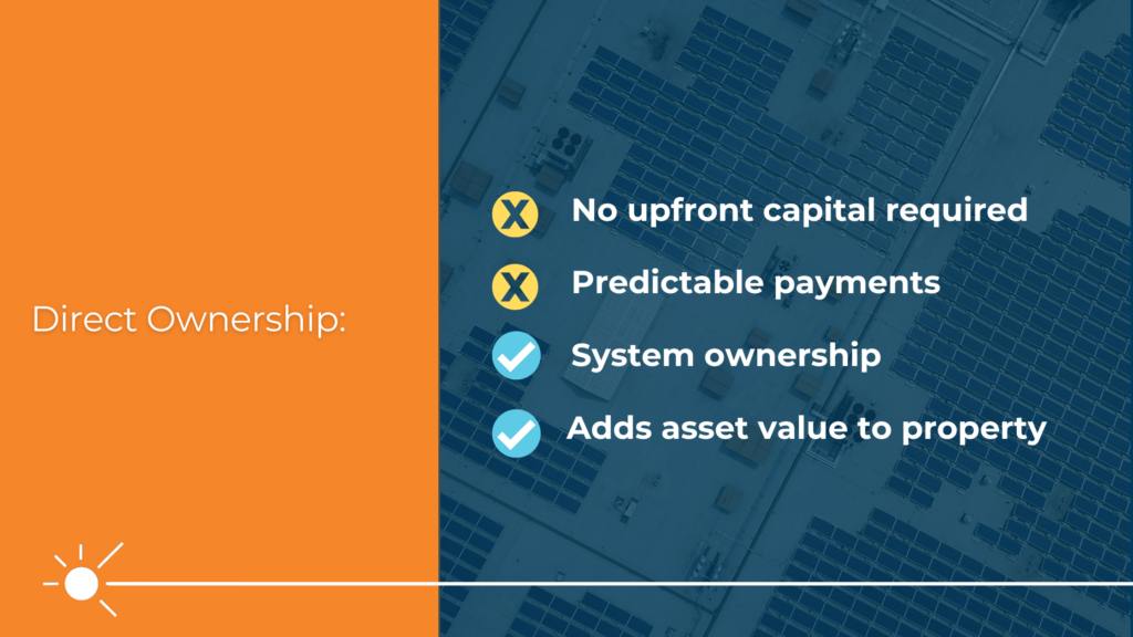 A graphic outlining Direct Ownership requirements for solar and other renewable energy financing solutions